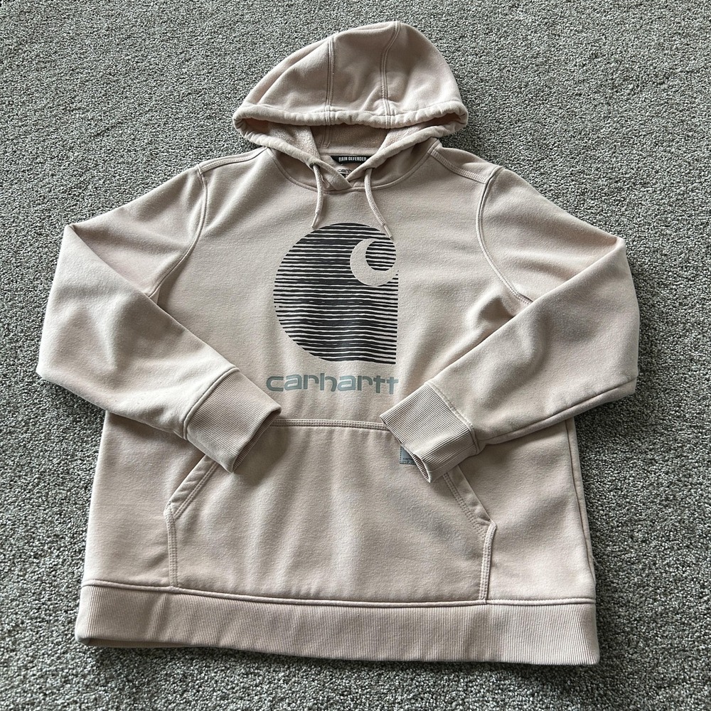 Carhartt Hoodie Womens 1X Beige Fleece Rain Defender Logo Graphic Pullover